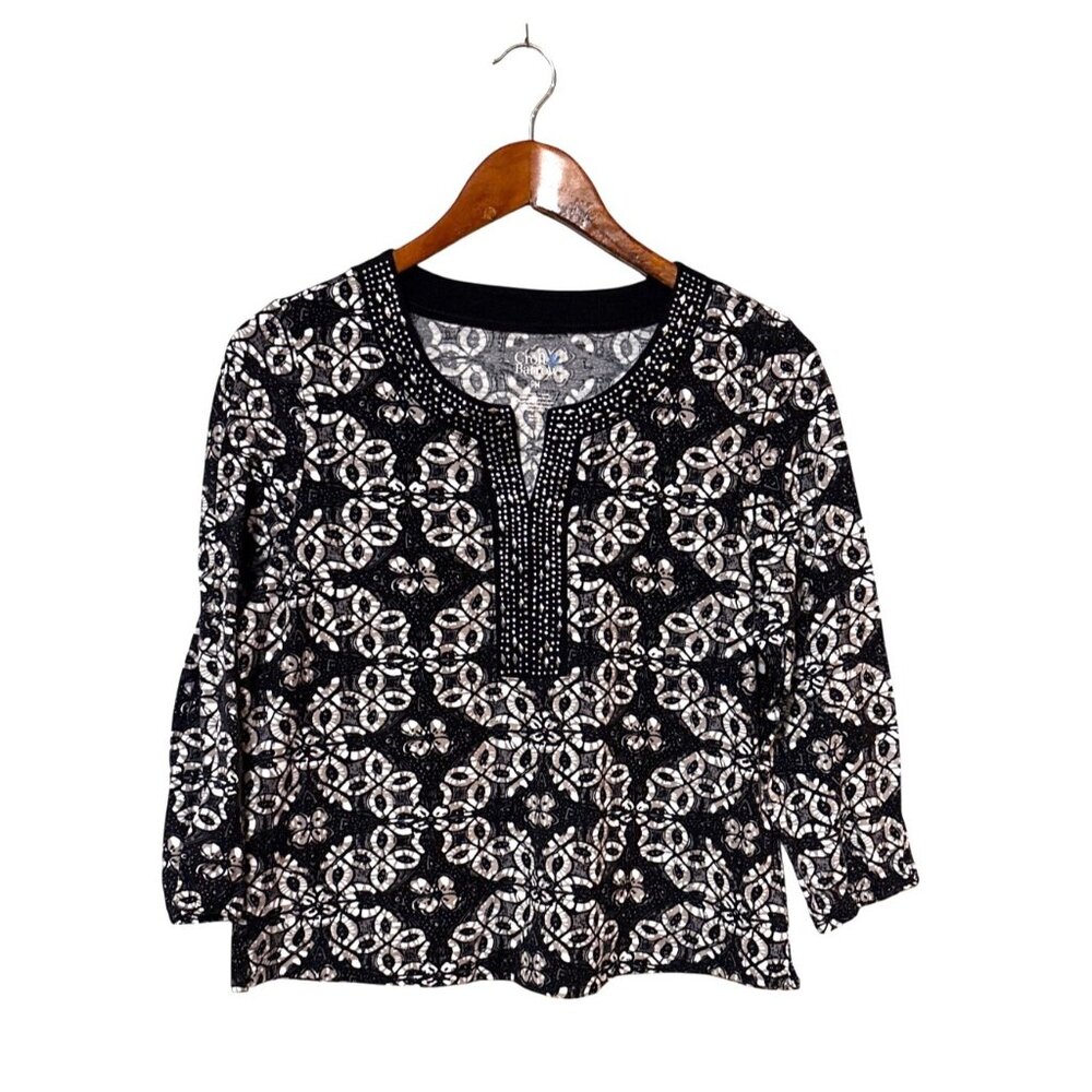 Croft & Barrow PM Black & Beige Floral 3/4 Sleeve Top With Studded Neckline